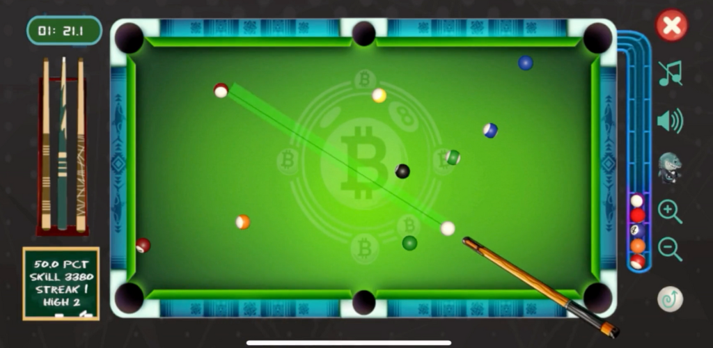 Rack Attack mobile pool table with an aiming line and balls in play